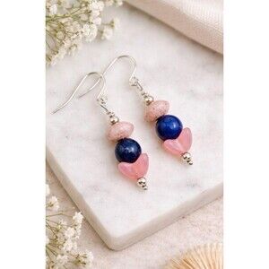 Handmade Vintage Sterling Silver Lapis Lazuli Rose Quartz‎ Lotus Dangle Earrings